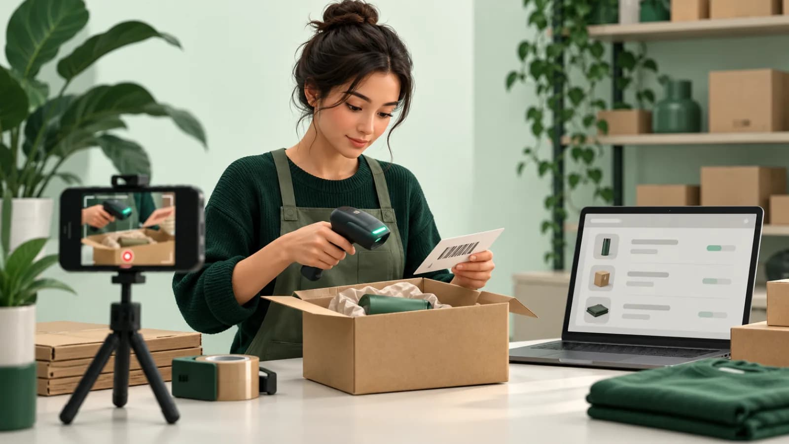 An editorial illustration of an online seller packing an order and linking its recording to a digital order record.