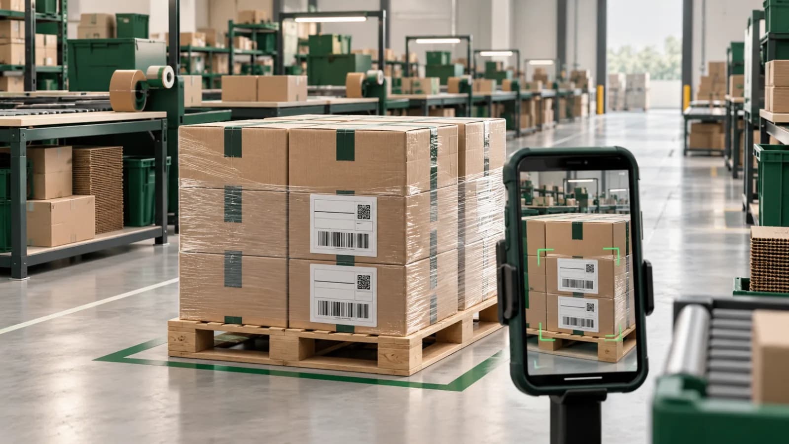 An editorial illustration of a warehouse packing line where a phone records a labeled pallet and shipment evidence.